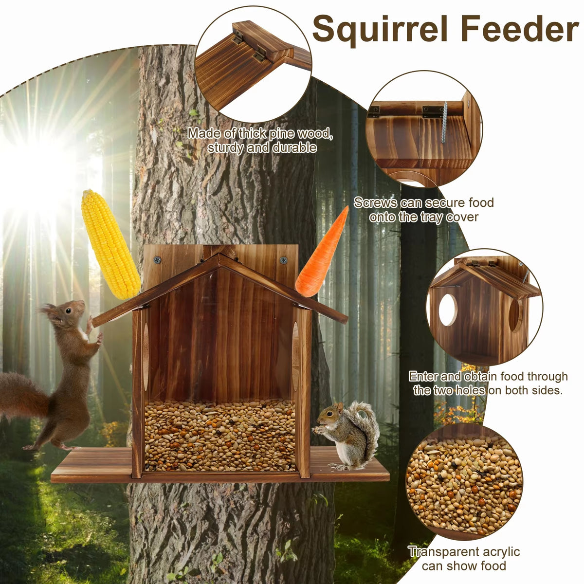 Wooden Squirrel Feeder House with Roof, Large Capacity Feeding Station – image 5