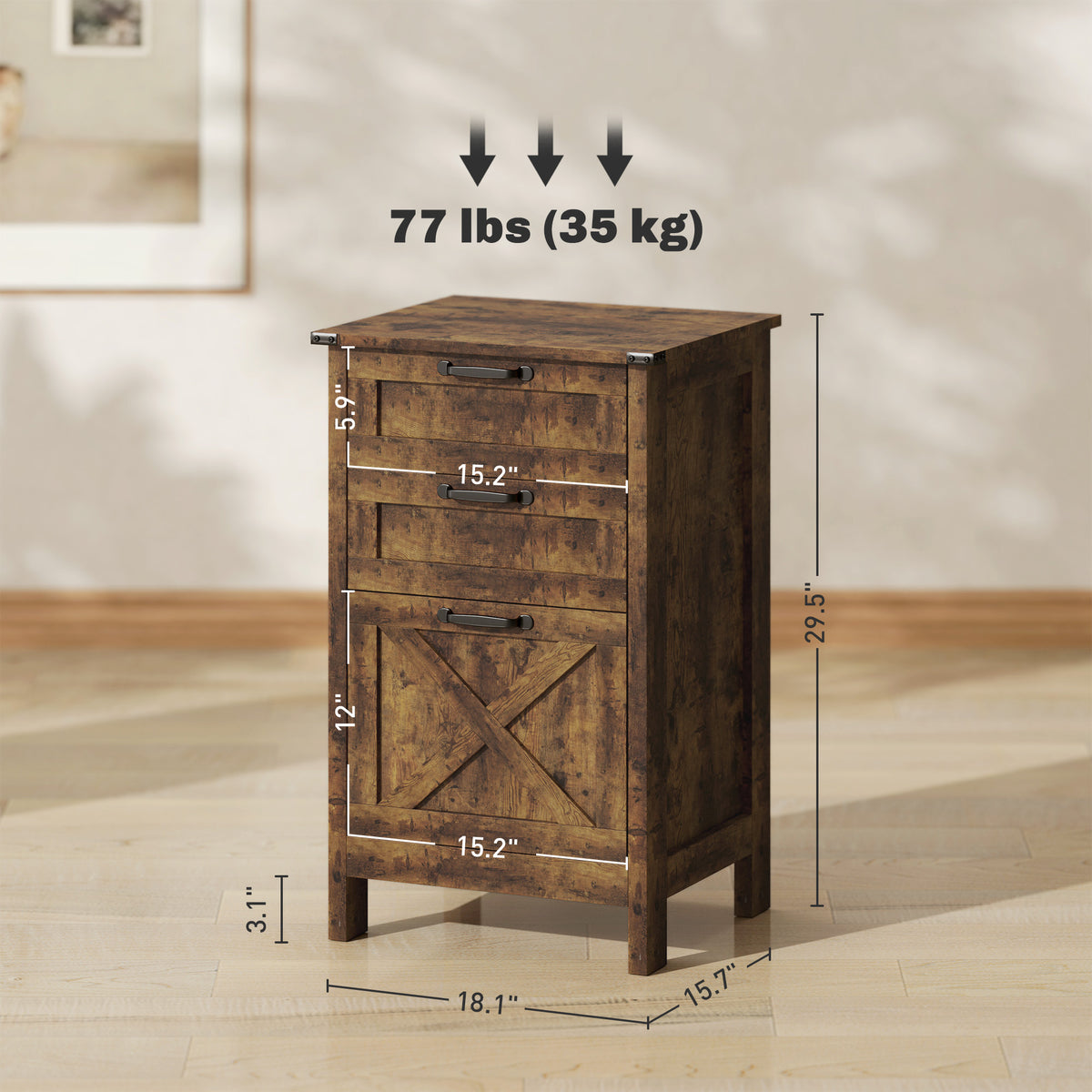 Rustic Farmhouse 3-Drawer Vertical File Cabinet, Barn Door Style – image 3
