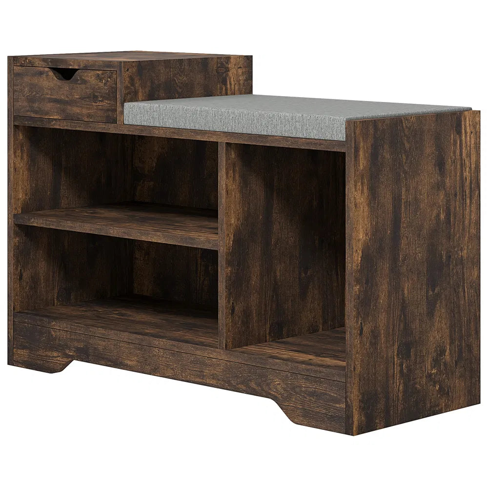 Shoe Storage Bench with Padded Seat, Drawer and 3 Shelves, Brown
