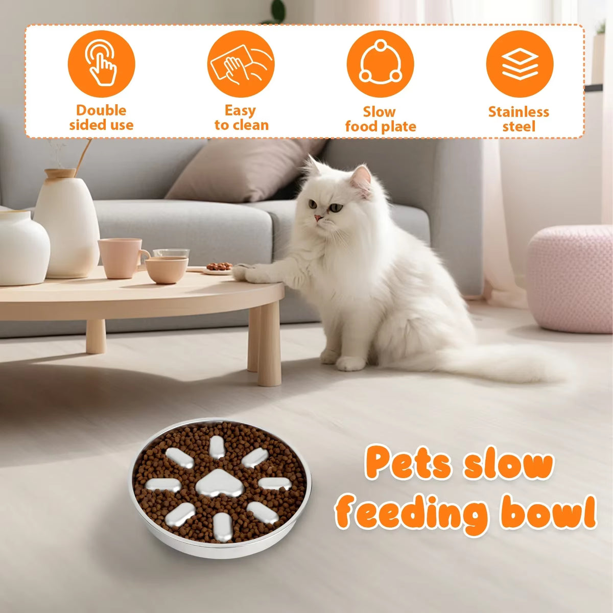 Slow Feeder Cat Bowl - Stainless Steel Double-Sided Maze Plate – image 2