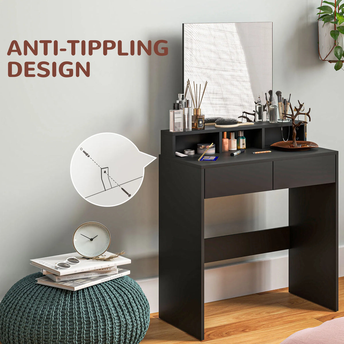 Makeup Vanity Desk with Mirror, Drawers and Open Shelves, Black – image 5