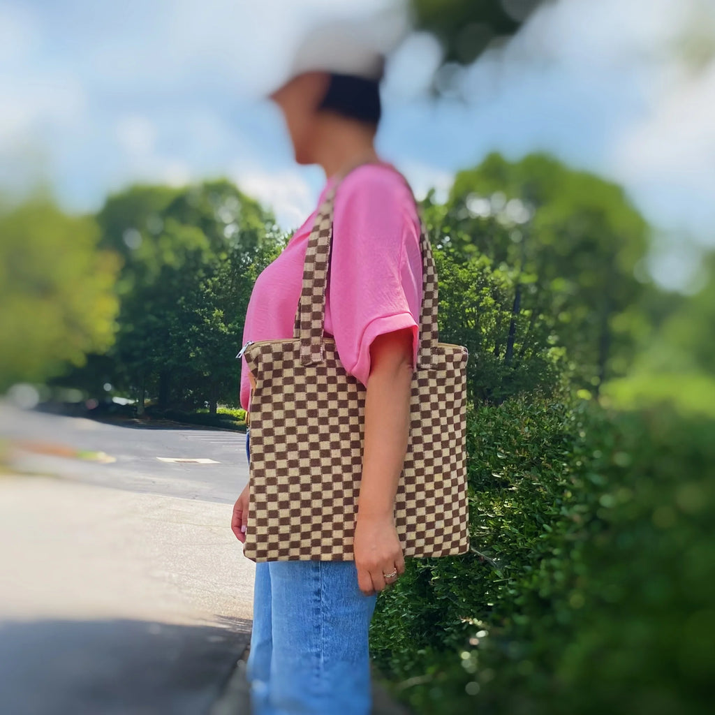 Checkered Tote Bag - Zippered Lined Shoulder Tote with Pocket – image 14