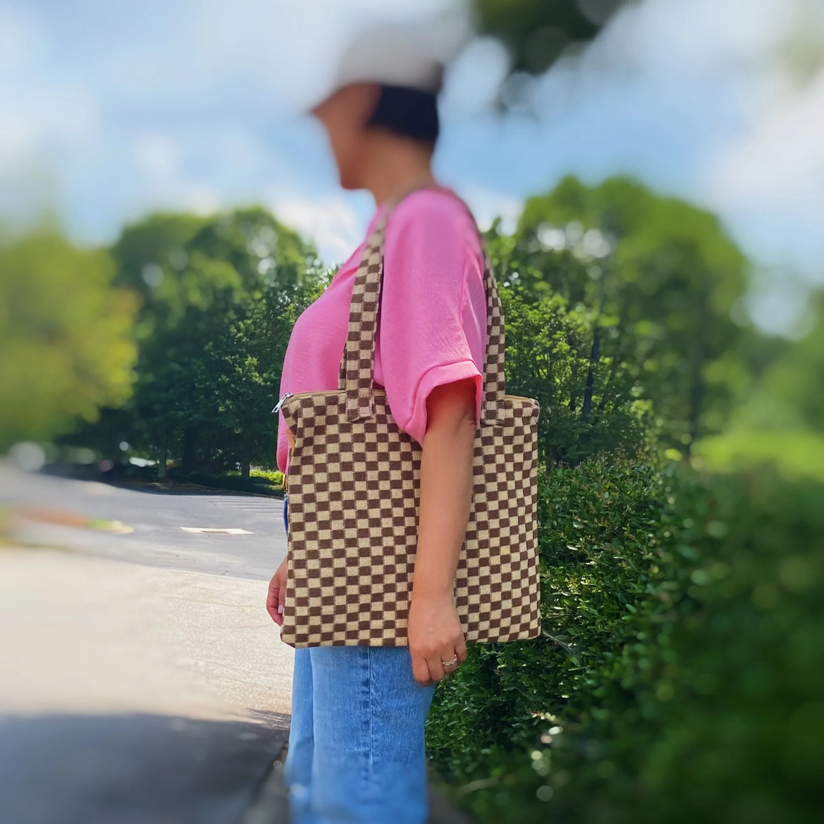 Checkered Tote Bag - Zippered Lined Shoulder Tote with Pocket – image 14