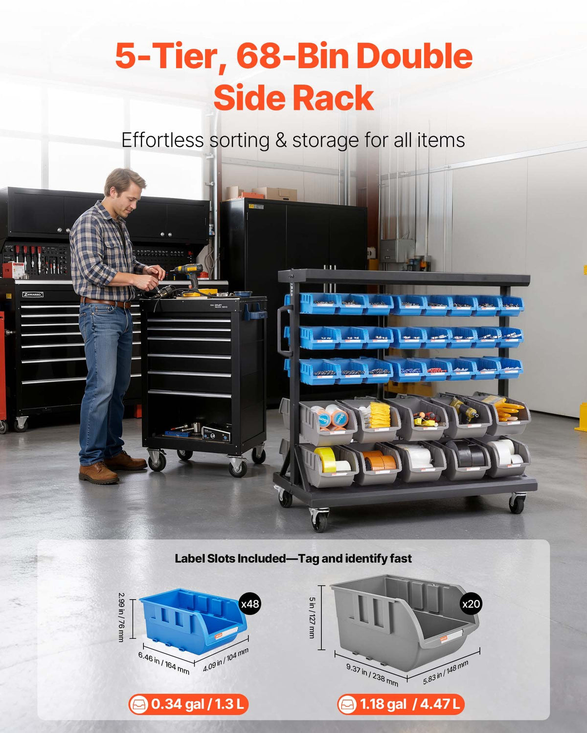 5-Tier Double-Sided Rolling Bin Storage Rack, 68 Organizer Bins, Dual-Sided Parts Organizer with Wheels, Mobile Tool Organizer Plastic Bins for Garage, Warehouse, Office, Restaurant, Classroom