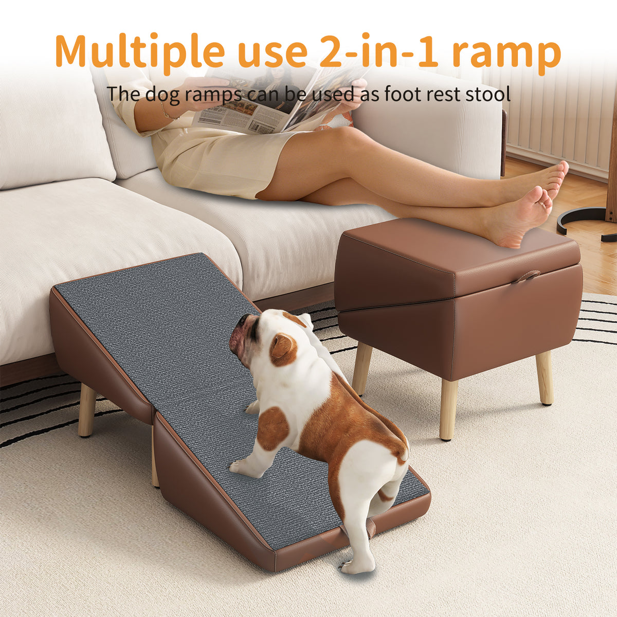 Dog Stairs and Ramp 2-in-1, Wooden Ottoman Pet Steps for Couch, Brown – image 5
