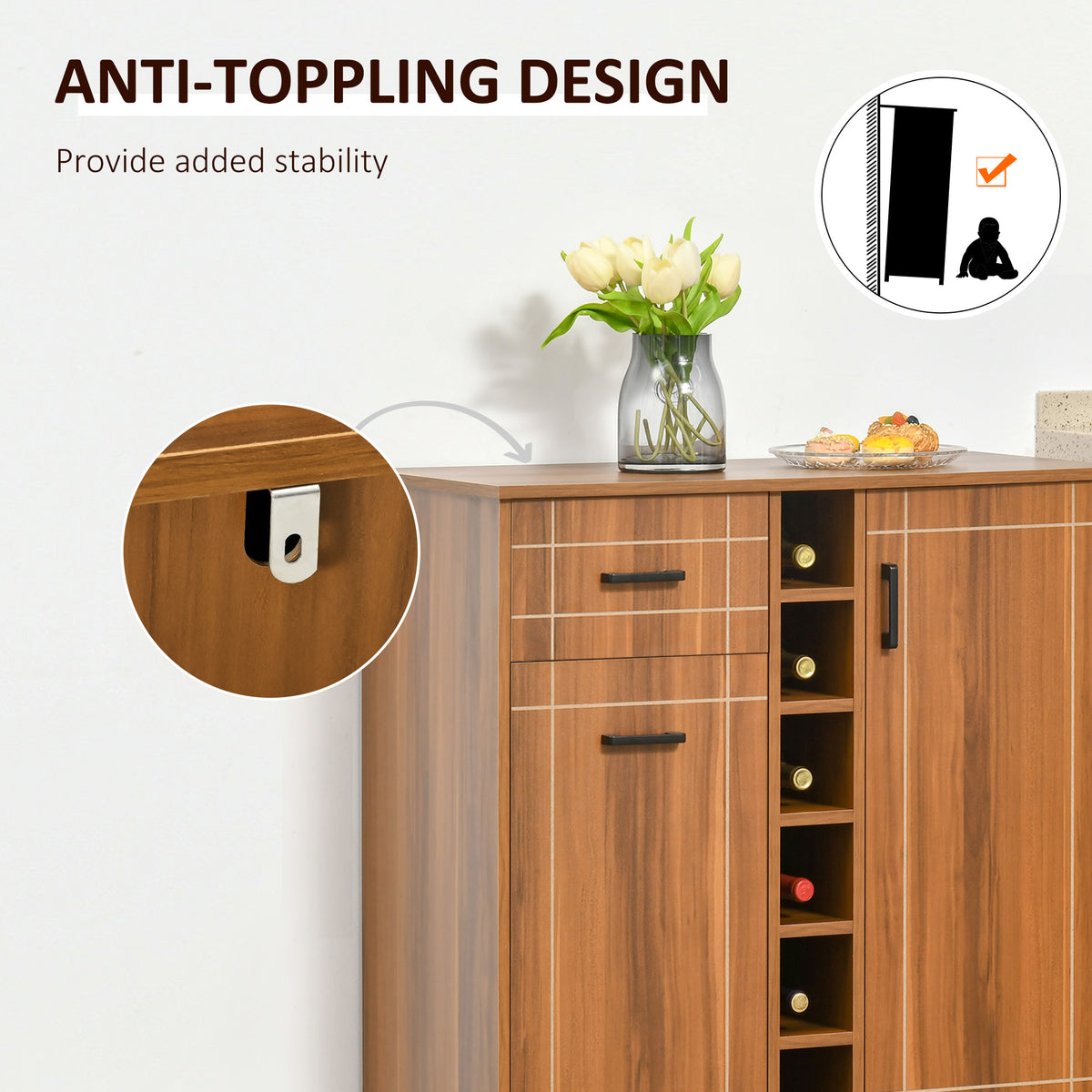 Wine Cabinet Sideboard with 6-Bottle Rack and Glass Holders, Brown – image 6