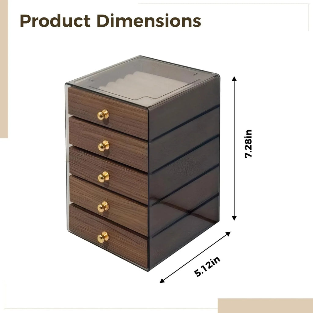 5-Tier Acrylic Jewelry Organizer Box, Walnut Grain with Velvet Lining – image 2