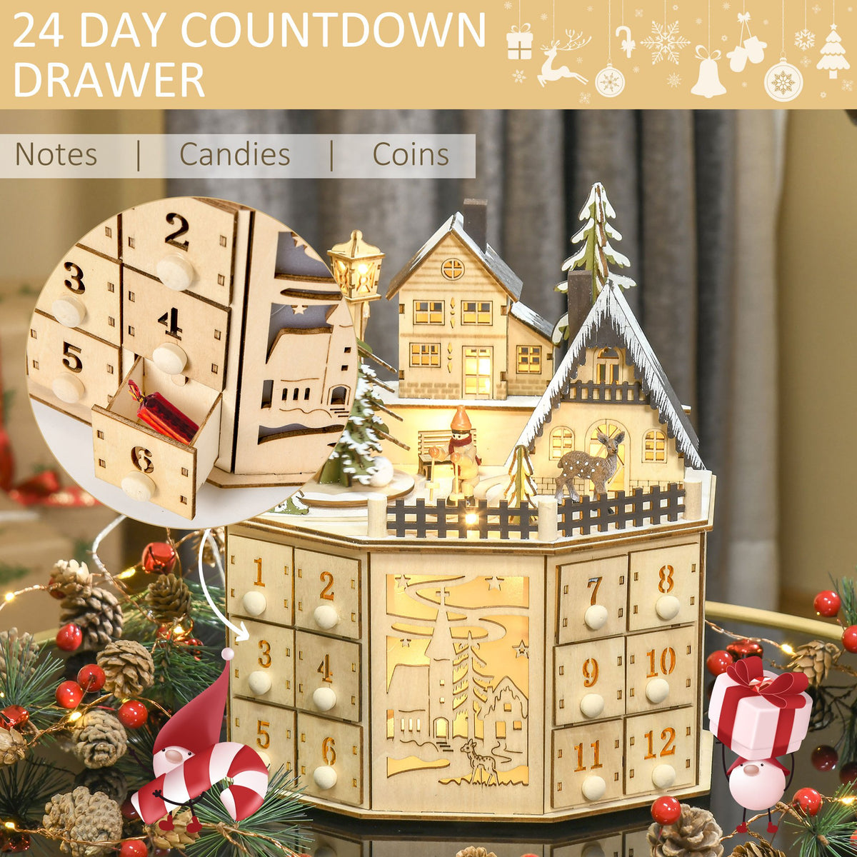 Light-Up Christmas Advent Calendar, Wooden Village with Drawers – image 5