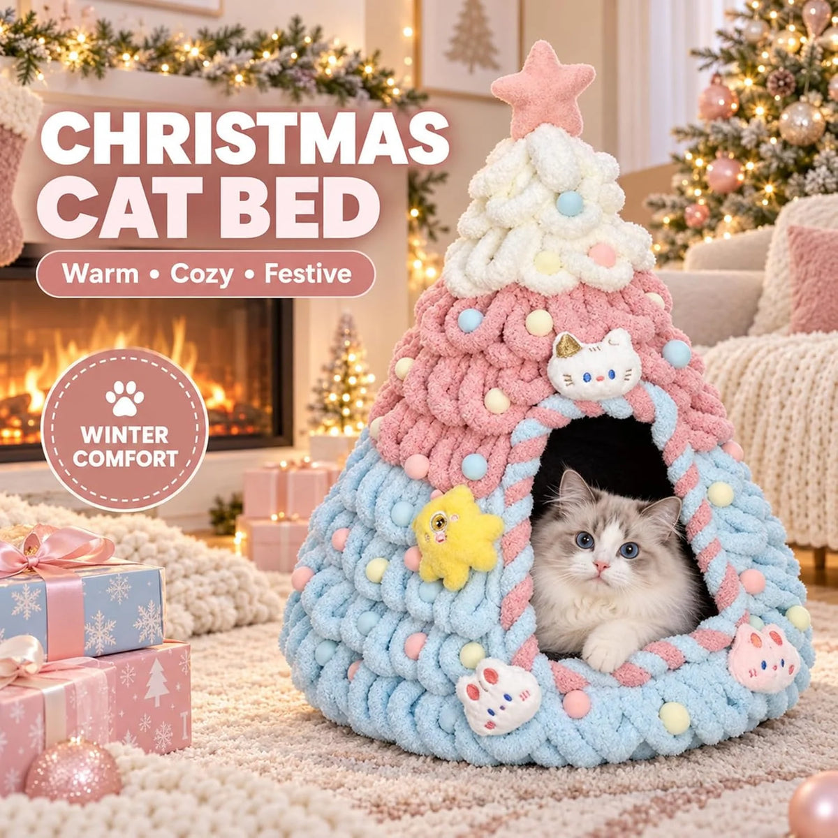 Cat Bed Cave, Christmas Tree Shape with Felt and Gauze, Pink – image 4