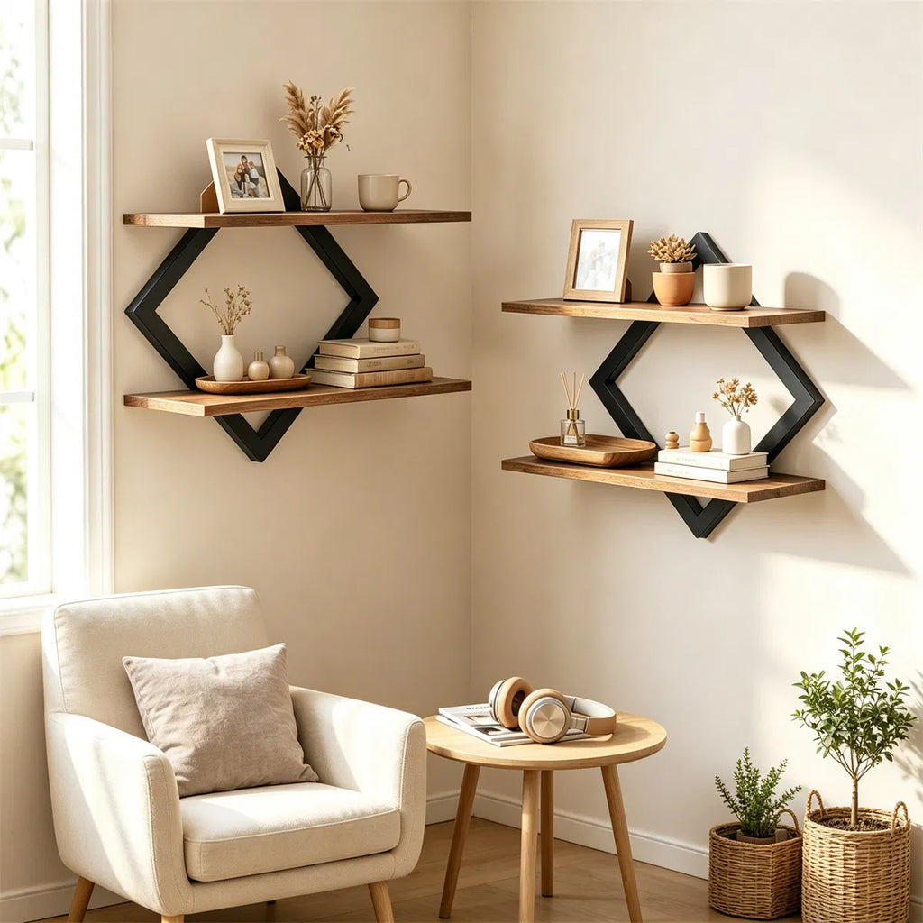 2-Tier Floating Wall Shelves Set of 2, Diamond Metal Frame, Rustic Brown – image 6