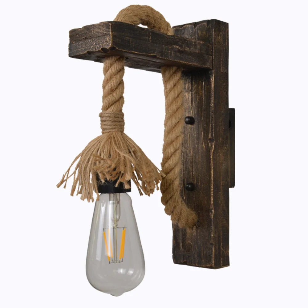 Vintage Rope Wall Lamp - Rustic Wood & Hemp Rope Wall Sconce Light Fixture