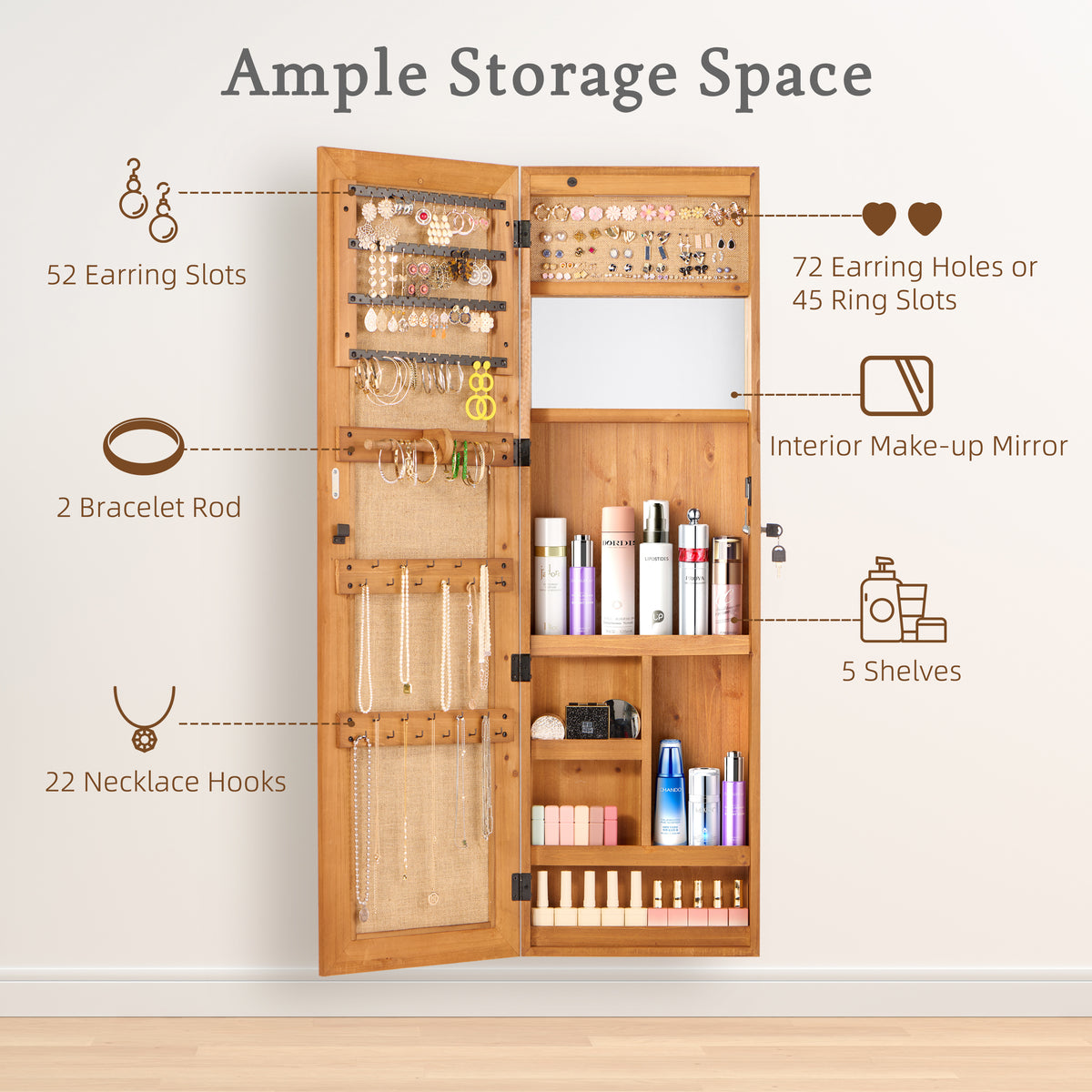 Solid Fir Wood Over-Door Jewelry Cabinet with Full Length Mirror – image 4
