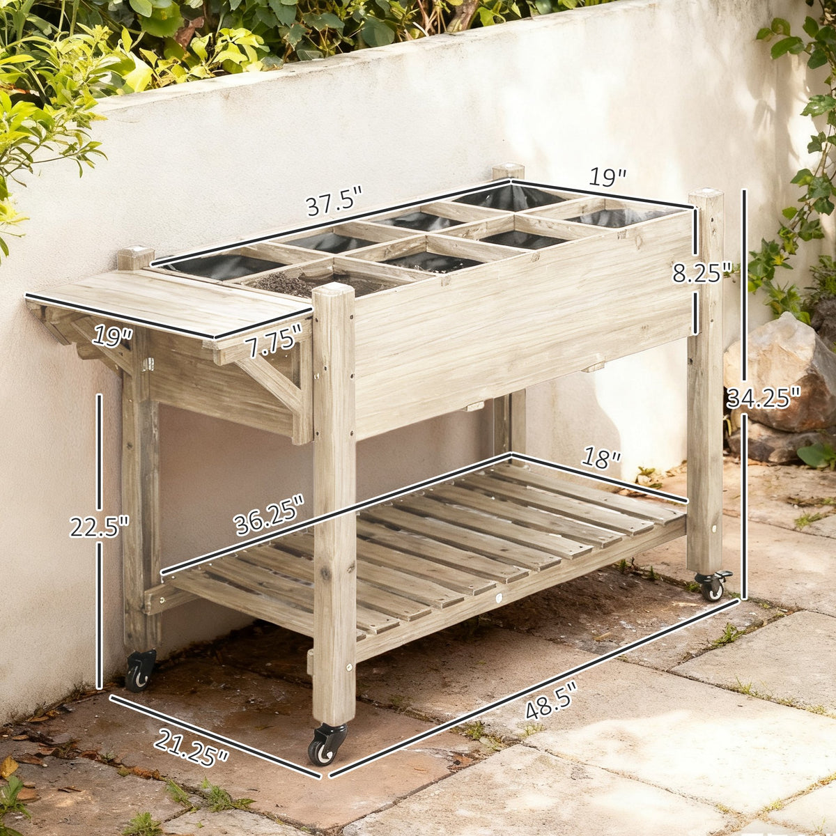 Planter Box, Mobile Wooden with 8 Grow Grids, Shelf and Wheels – image 3