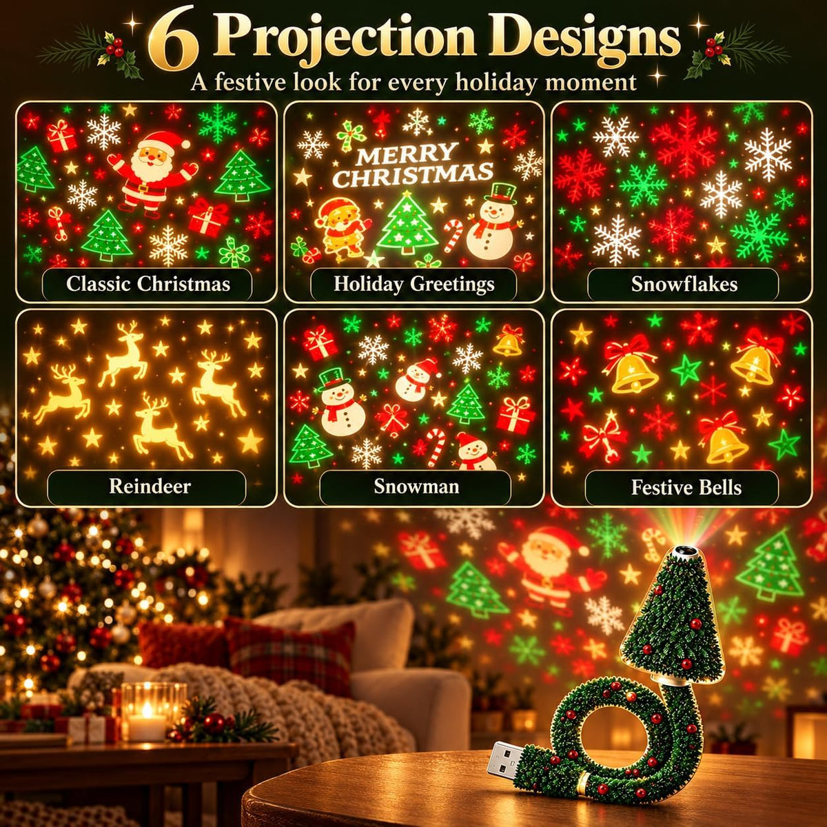Christmas Tree Projector Light, USB Indoor Holiday Projector – image 3