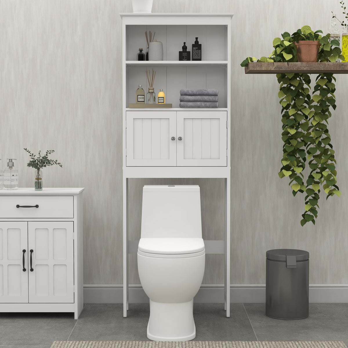 Over the Toilet Storage Cabinet, Freestanding with 2 Doors, White