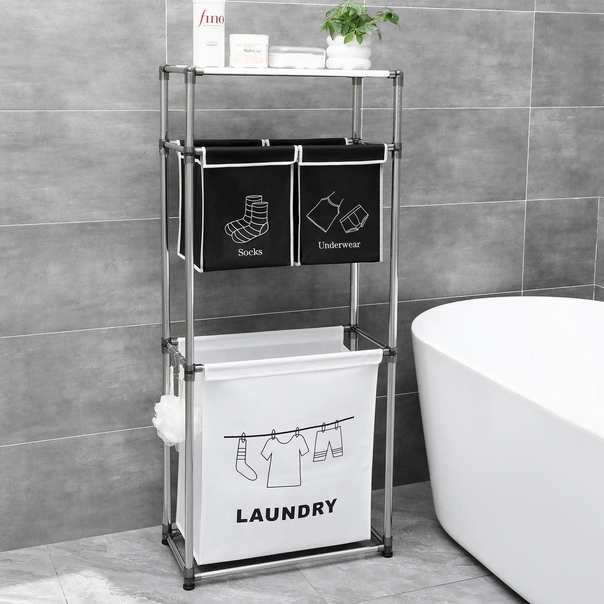 Laundry Sorter Shelf, 3-Tier with Removable Bags and Side Hooks – image 4