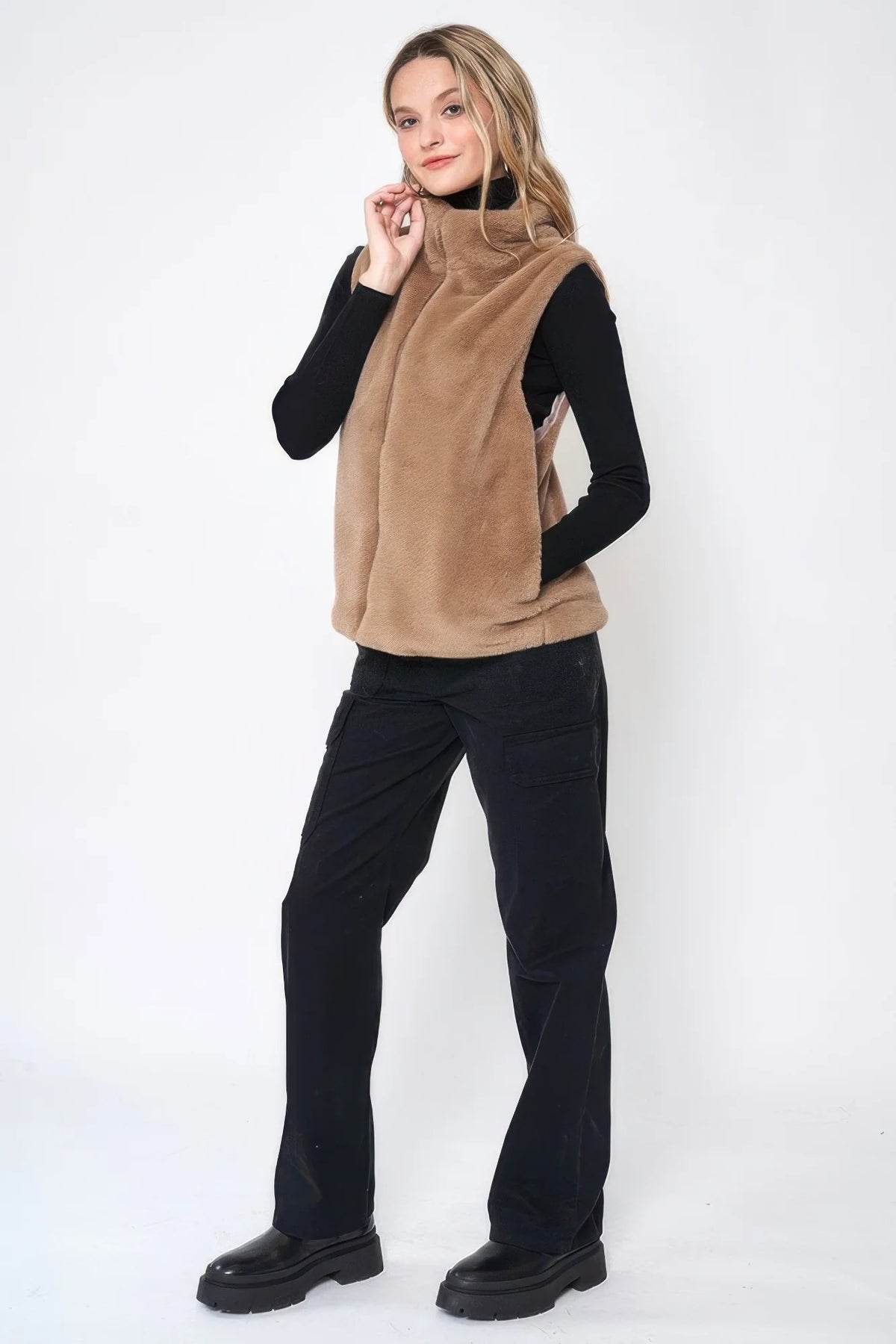 Solid Faux Fur Vest for Women – Beige or Taupe – image 3