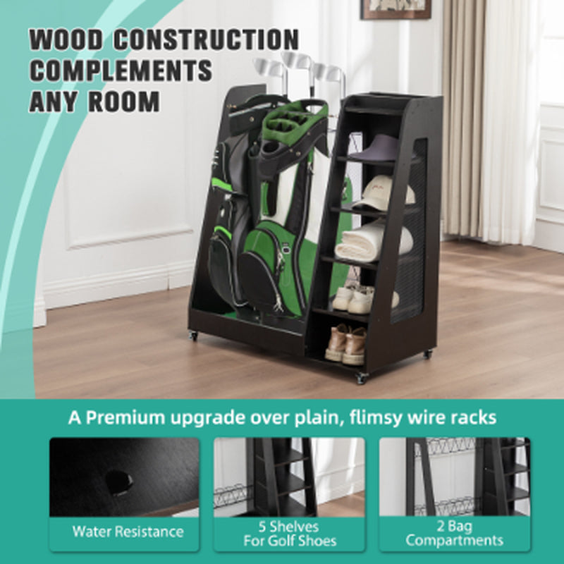 Wooden Golf Bag Organizer for 2 Bags With Shoe Shelves – image 19