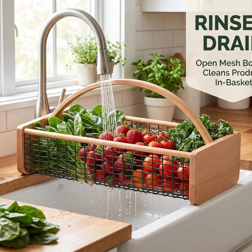 Garden Hod Harvest Basket - Wooden Vegetable Basket with Metal Mesh – image 3