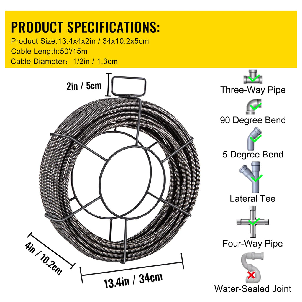 Drain Cleaning Cable 50 Ft x 1/2 In, Solid Core with 4 Cutters – image 7