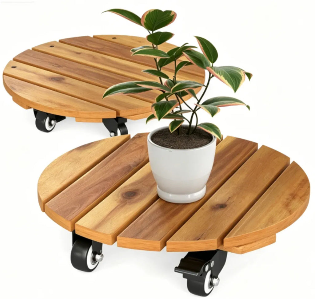Rolling Plant Caddy Set of 2, 12 in Acacia Wood Pot Mover with Wheels – image 3