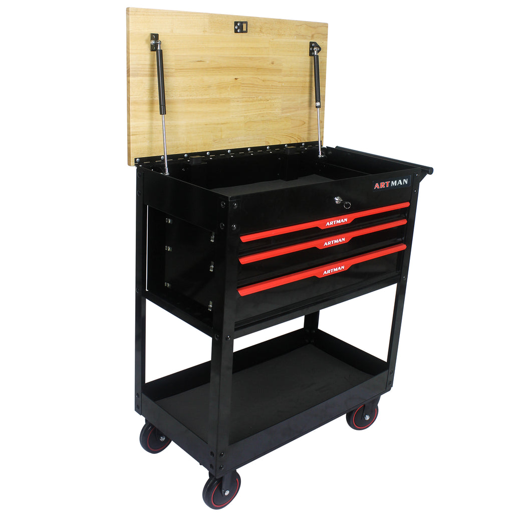 3-Drawer Rolling Tool Cart with Wooden Top and Adjustable Shelf – image 5