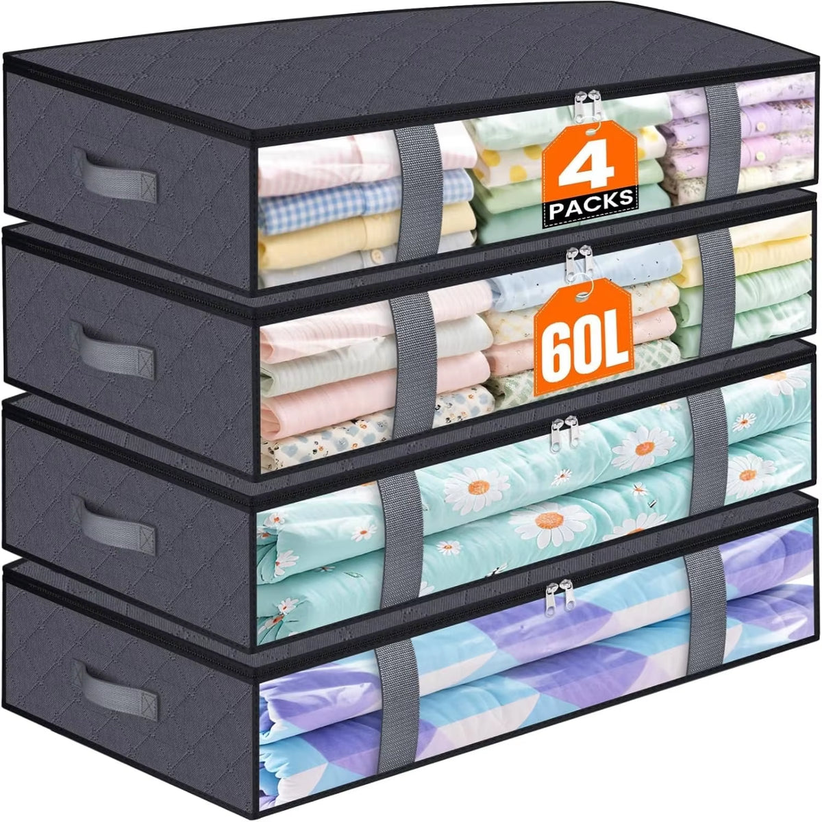 Under Bed Storage Bags - Foldable Blanket Organizers, 4 Pack