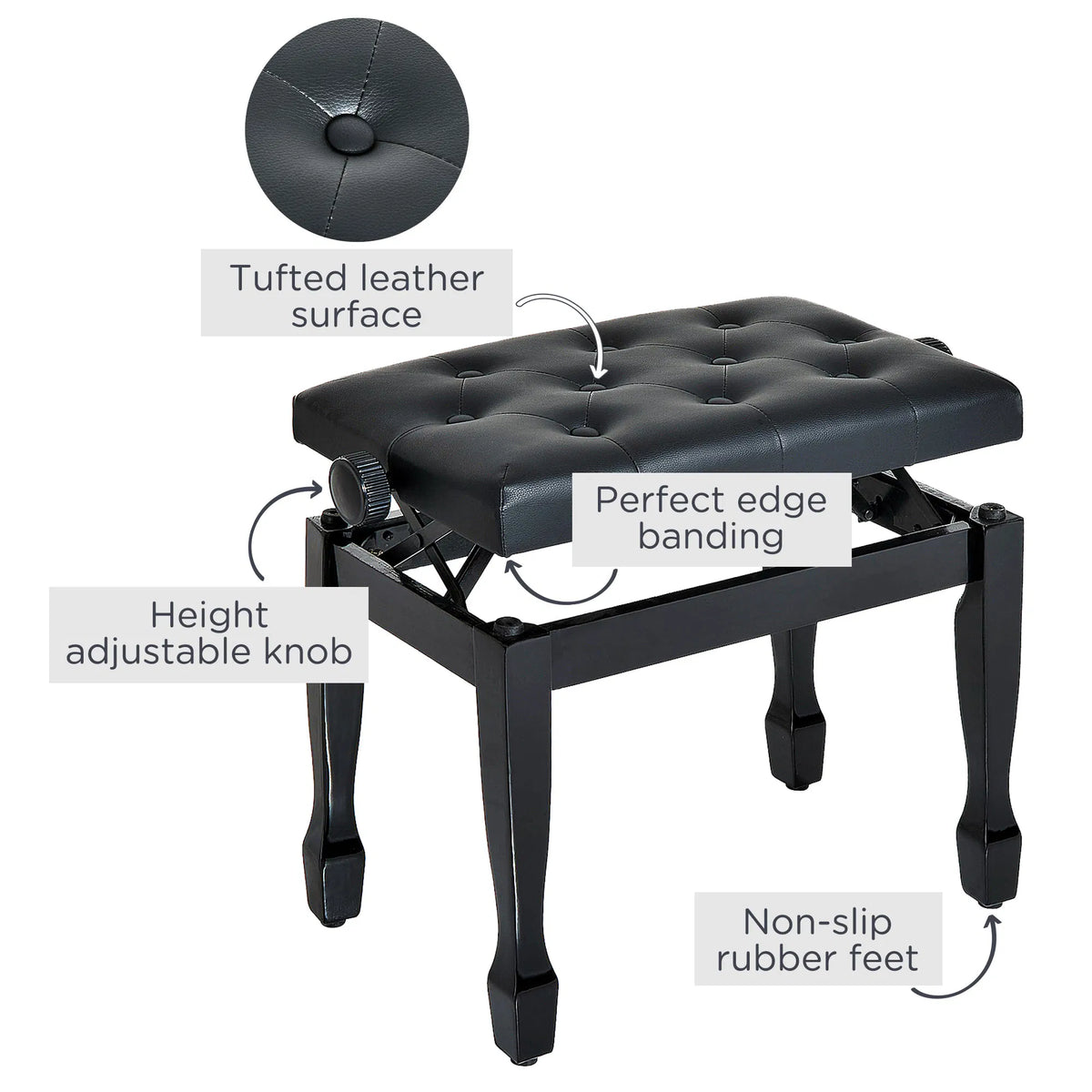 Adjustable Height Piano Bench with Tufted Cushion and Storage, Black – image 5