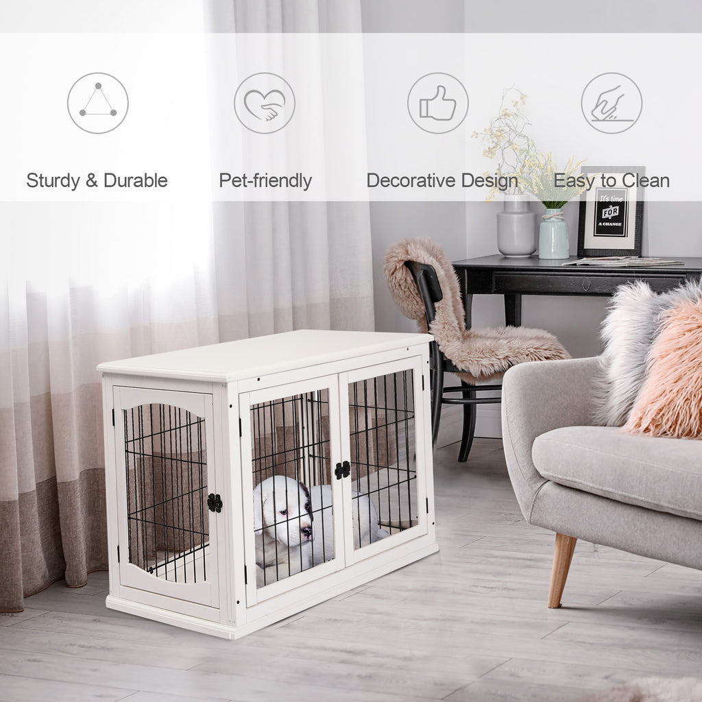 Dog Crate Furniture End Table, 32 in with 2 Lockable Doors, White – image 4