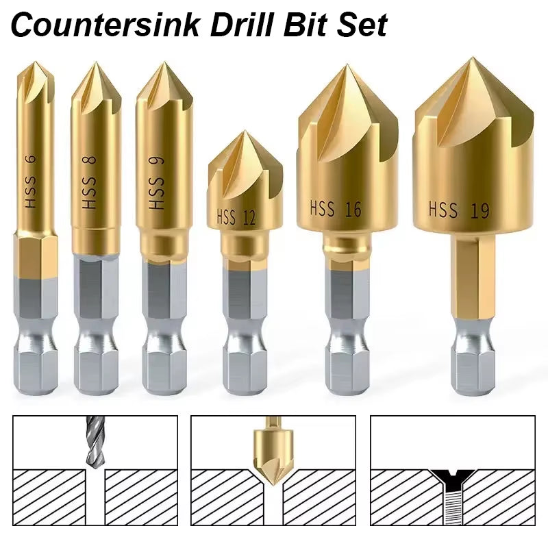 Countersink Drill Bit Set 6-Piece 5-Flute 90 Degree 1/4in Hex Shank – image 2