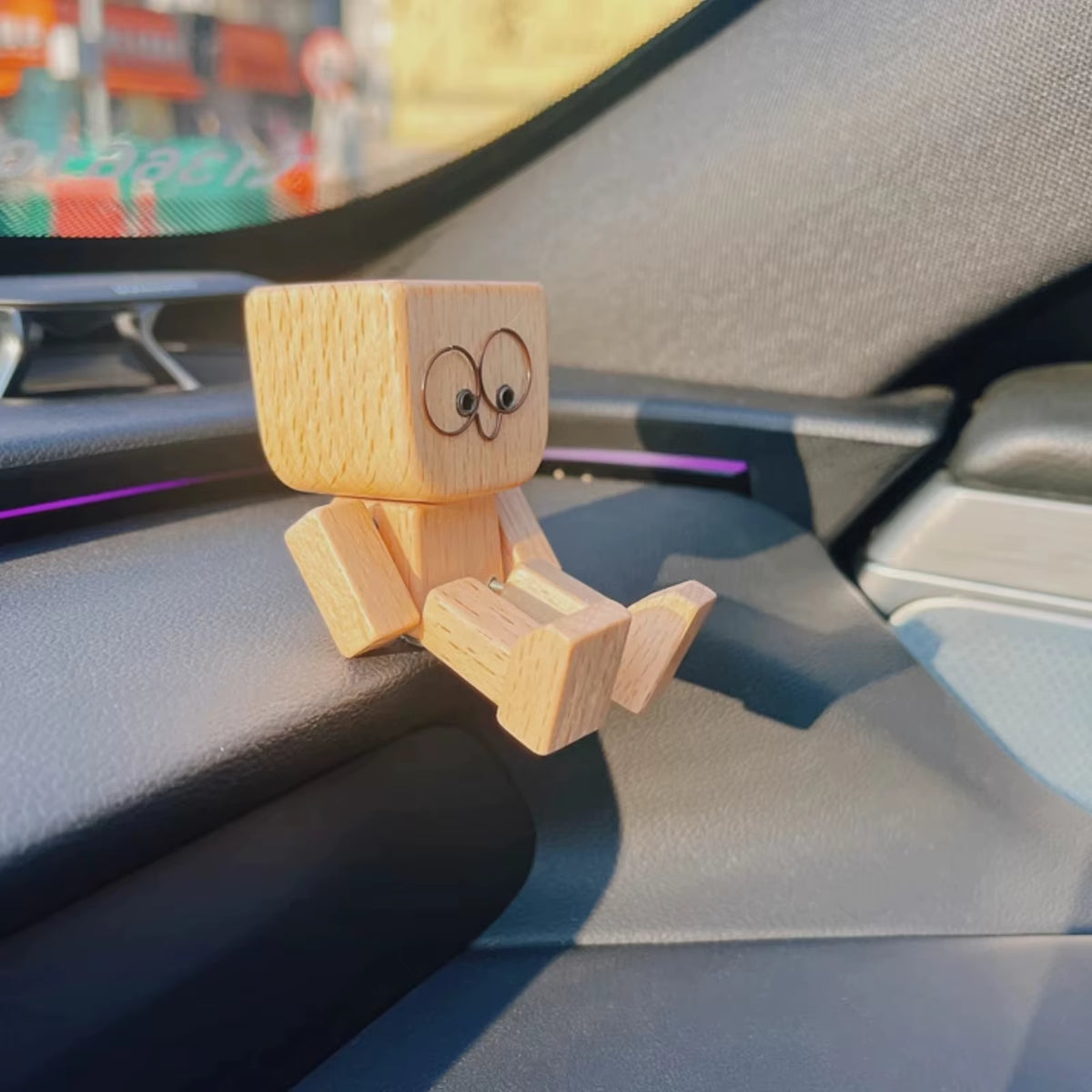 Car Dashboard Wiggle Wooden Man Figurine - Handmade Ornament with 12 Magnetic Faces