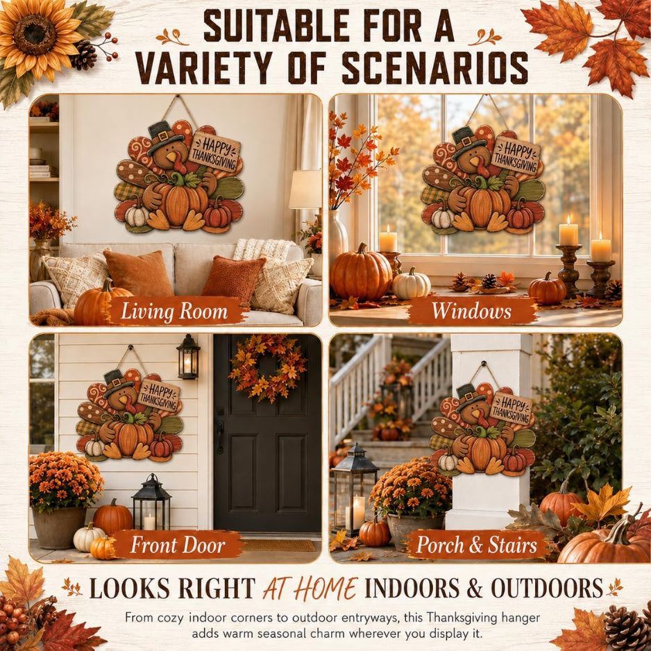 Happy Thanksgiving Door Sign, Wooden Turkey and Pumpkin Decor – image 4