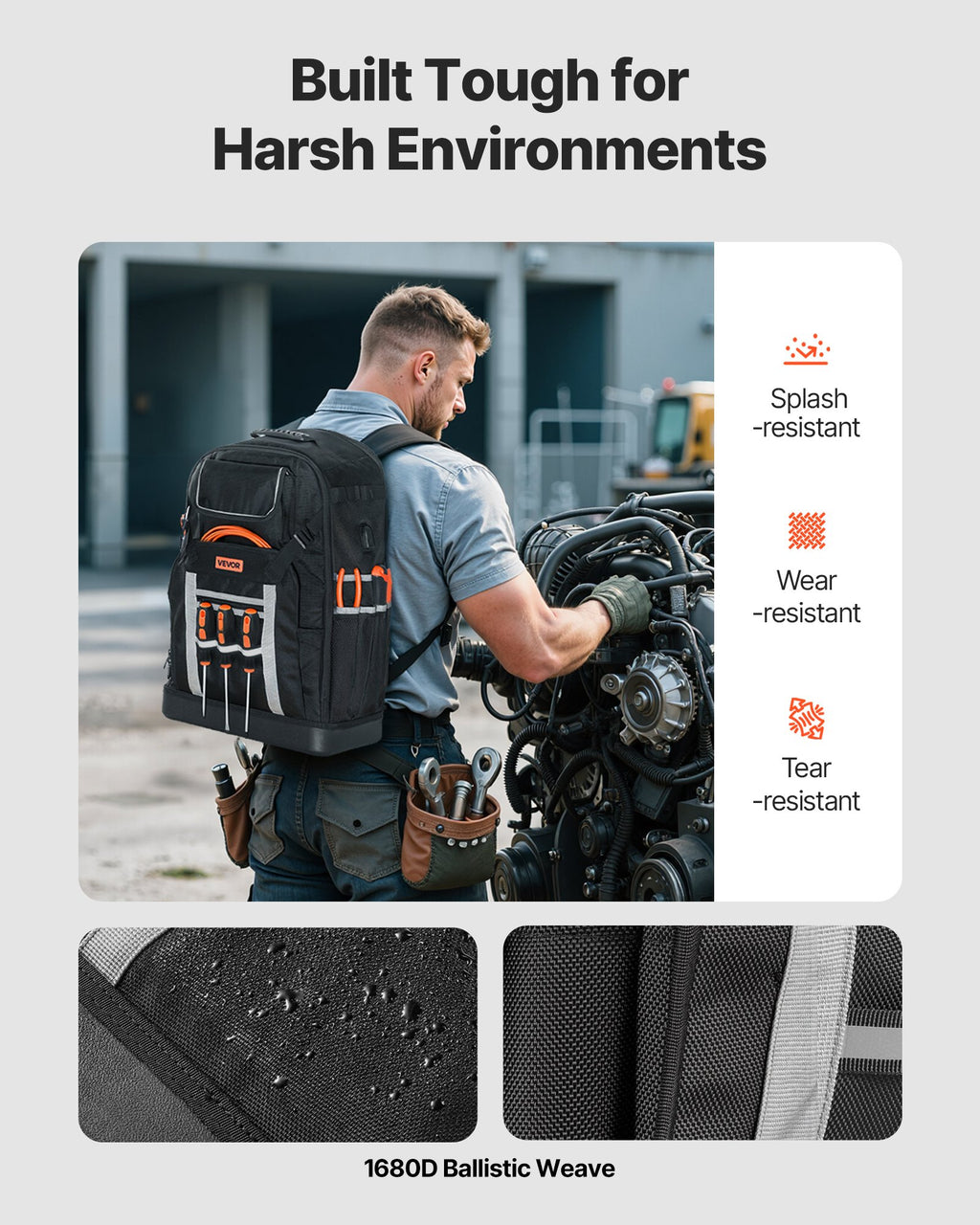 56-Pocket Tool Backpack with Molded Base, Water-Resistant 1680D – image 3