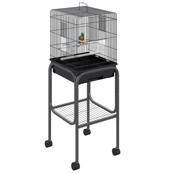 45-Inch Metal Indoor Bird Cage, Parrot Cage, Bird Aviary with Detachable Rolling Stand, Storage Basket, and Accessories - Black