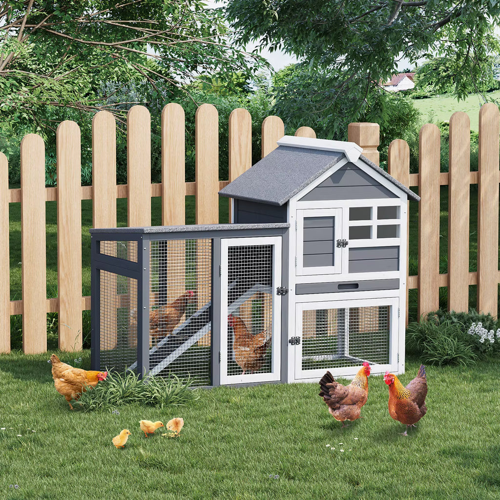 2-Story Wooden Rabbit Hutch and Small Chicken Coop with Ramp, Gray