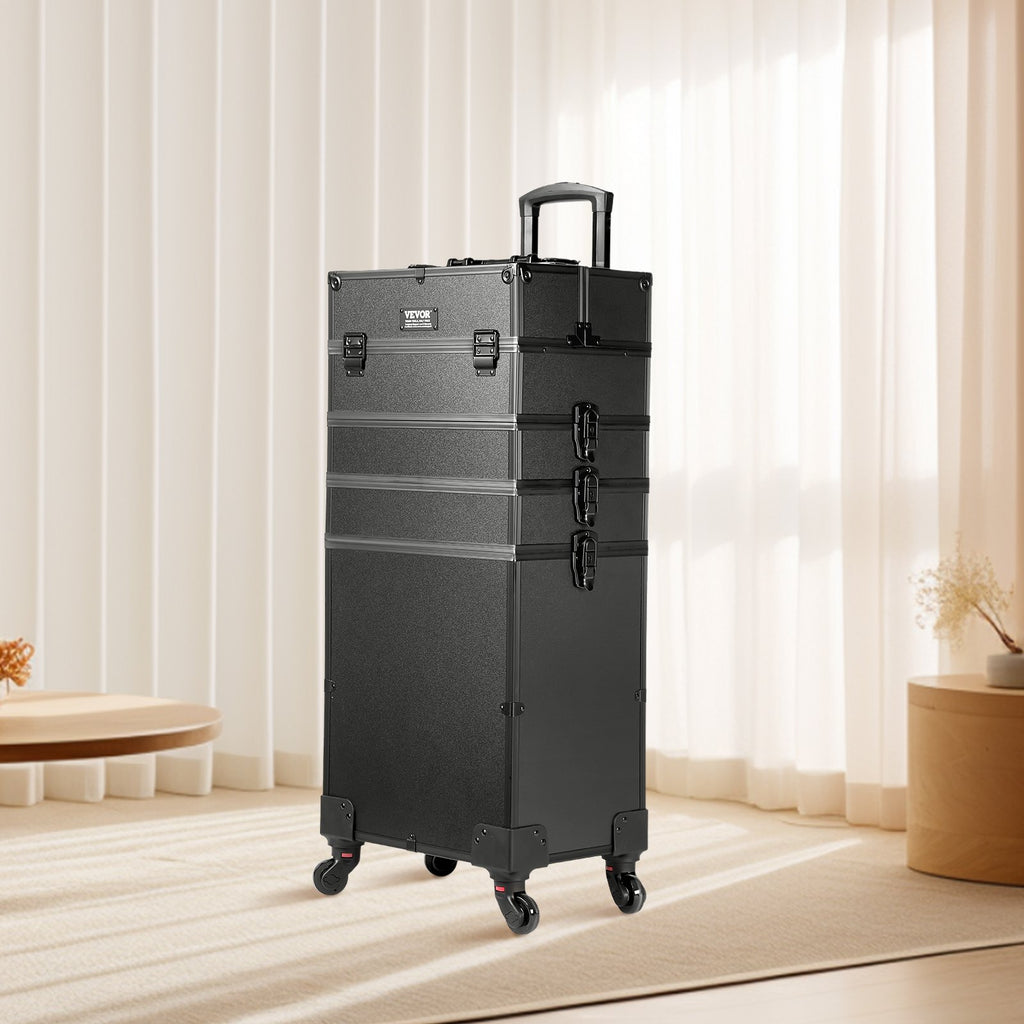 Rolling Makeup Case – 5-in-1 Aluminum Trolley Train Case, Black