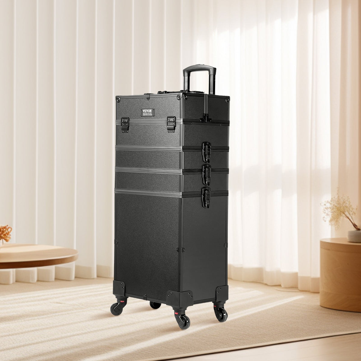 Rolling Makeup Case – 5-in-1 Aluminum Trolley Train Case, Black