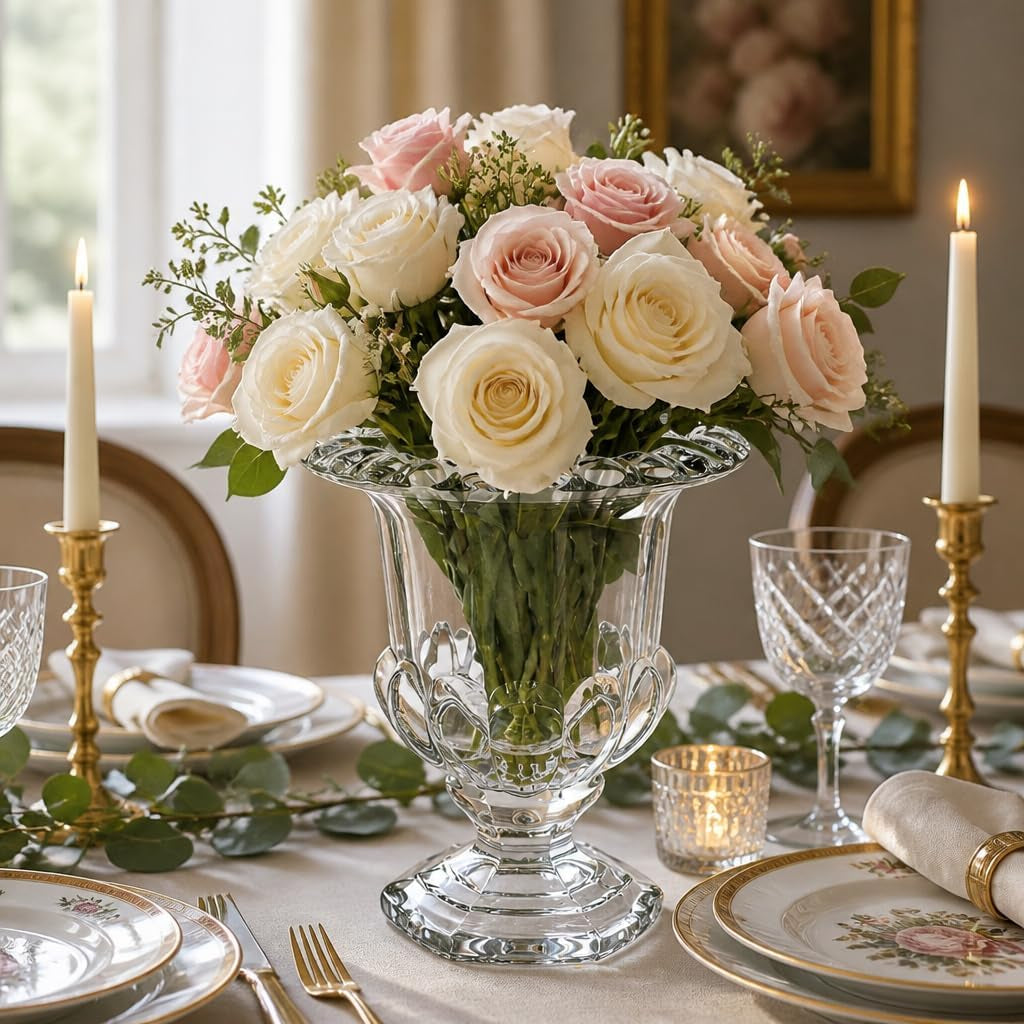Glass Urn Vase - 8 inch Crystal Pedestal Centerpiece – image 7