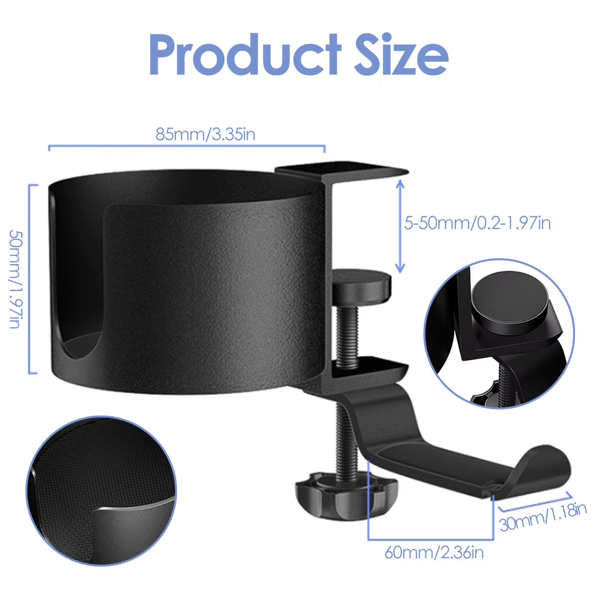 Desk Cup Holder with Headphone Hanger, Clamp-On Aluminum – image 4