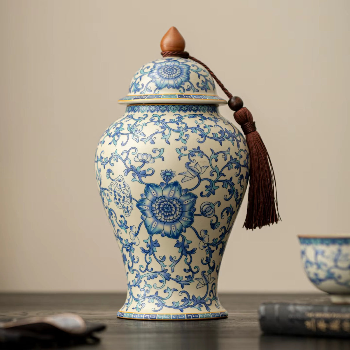 Floral Ceramic Ginger Jar with Lid, Temple Jar Decor Vase – image 2