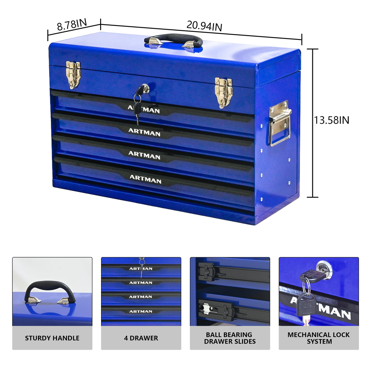 20 Inch Steel Portable Tool Box With 3 Drawers And Locking Lid – image 3