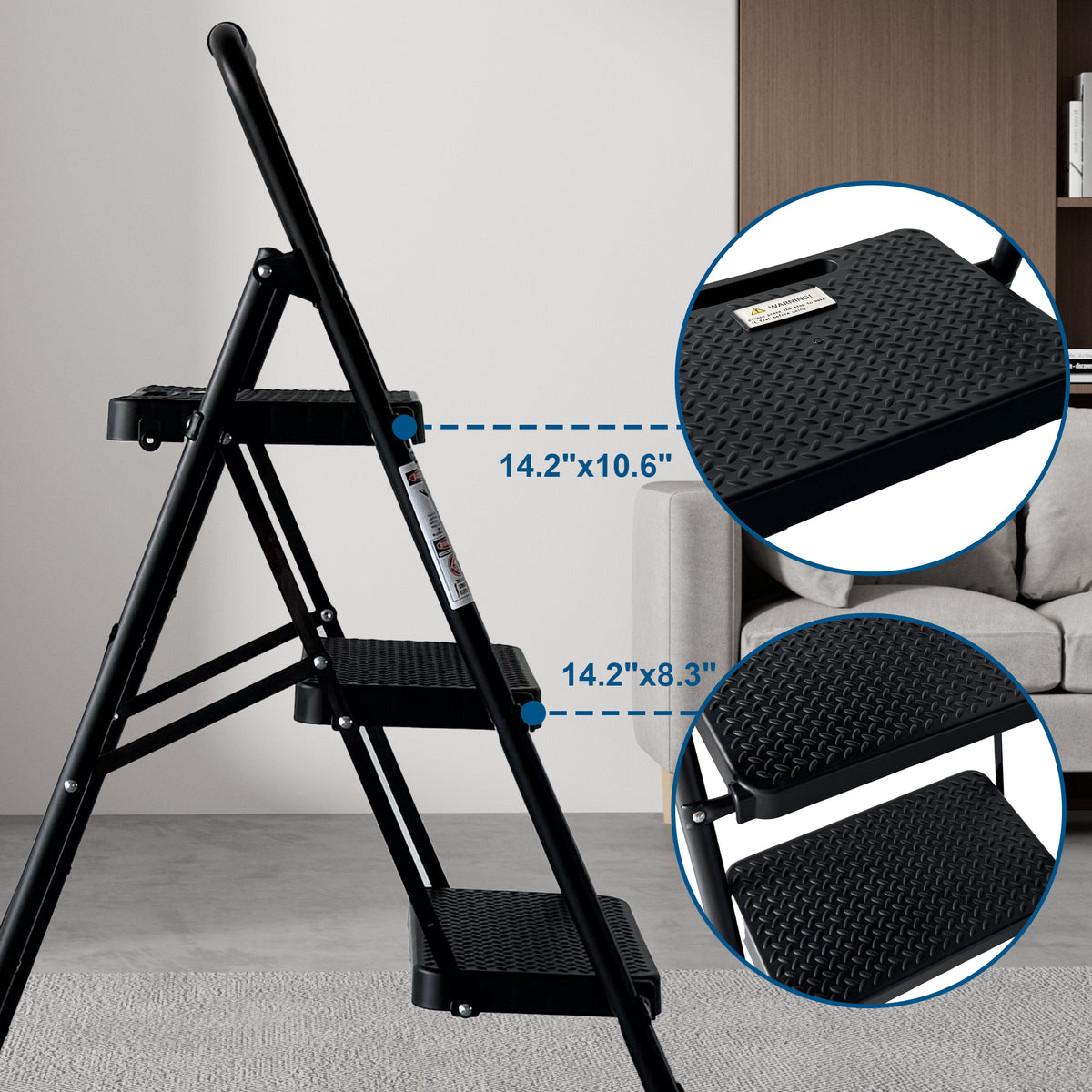 3 Step Ladder, Folding Steel Step Stool with Wide Anti-Slip Pedals – image 9