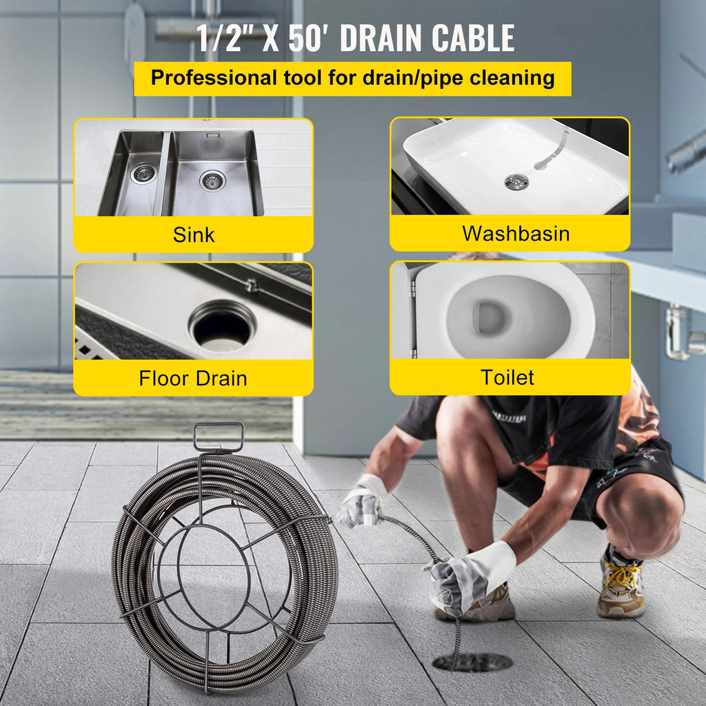 Drain Cleaning Cable 50 Ft x 1/2 In, Solid Core with 4 Cutters – image 2