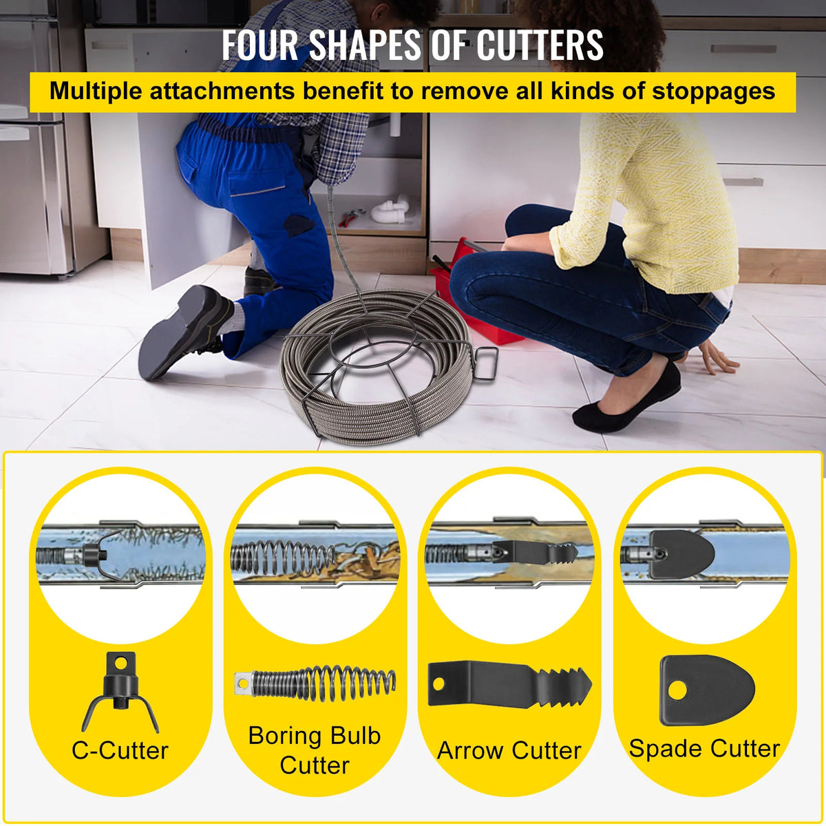 Drain Cleaning Cable 50 Ft x 1/2 In, Solid Core with 4 Cutters – image 5