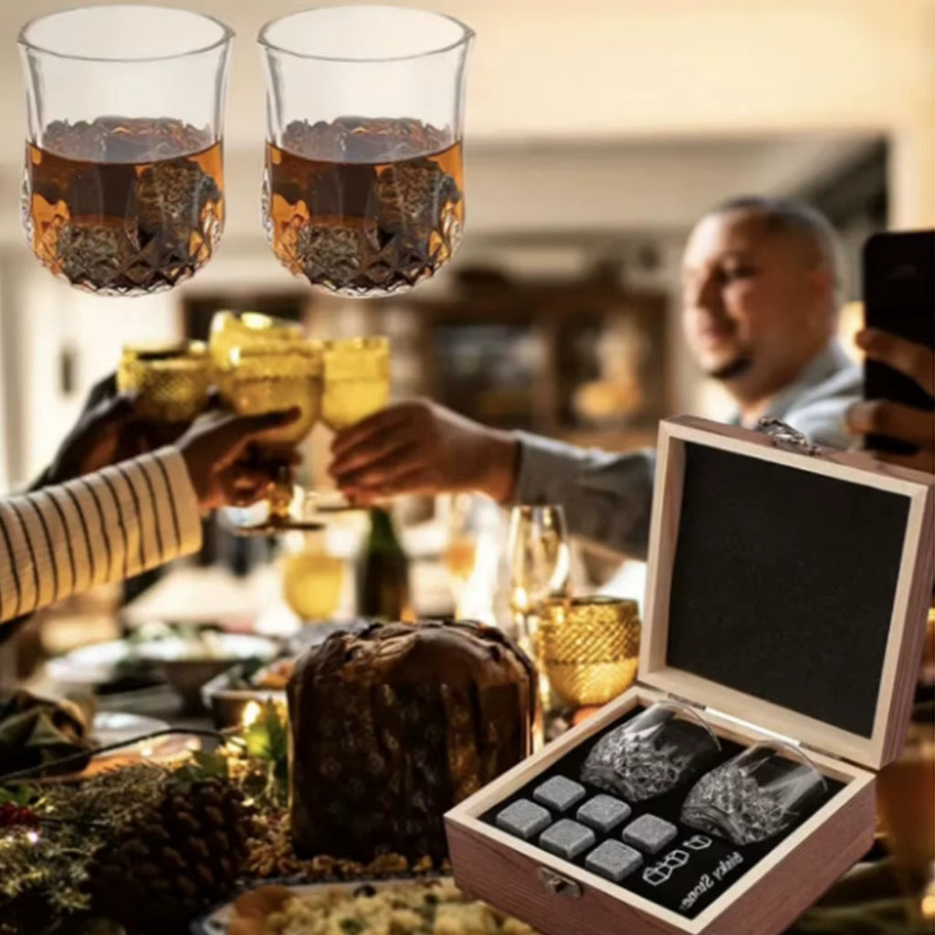 Whiskey Stones and Glasses Gift Set in Wooden Box, 8 Granite Stones – image 3