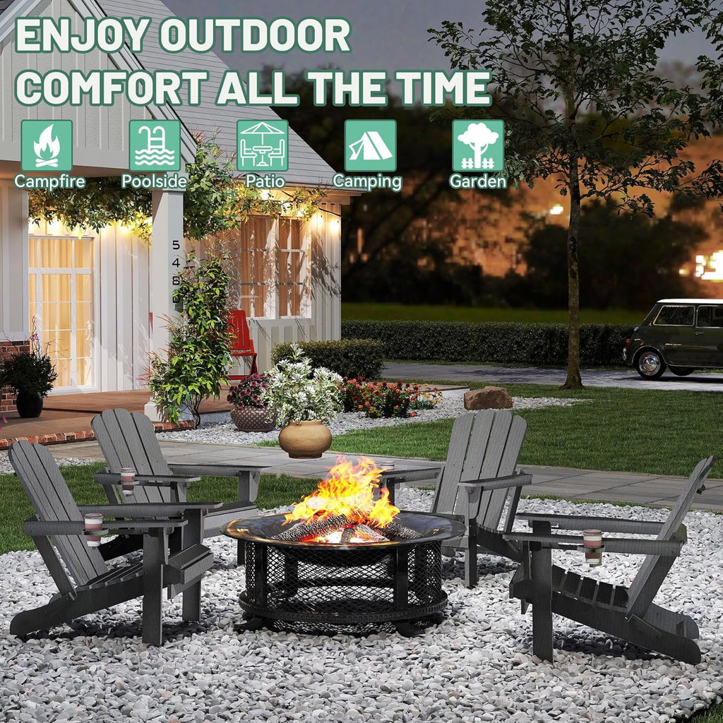 Adirondack Chairs Set of 2, Plastic Adirondack Chair, Adirondack Chairs, HDPE Adirondack Chair, Folding Adirondack Chairs, Outdoor Chairs with Cup Holder for Lawn Patio Deck Fire Pit -Gray