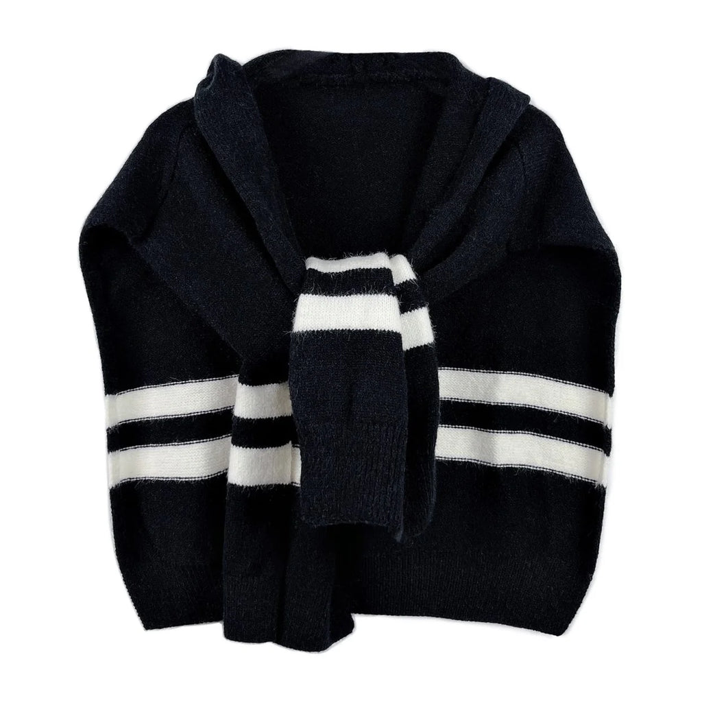 Hooded Sweater Scarf, Striped Knit Hoodie Wrap, Gray – image 11