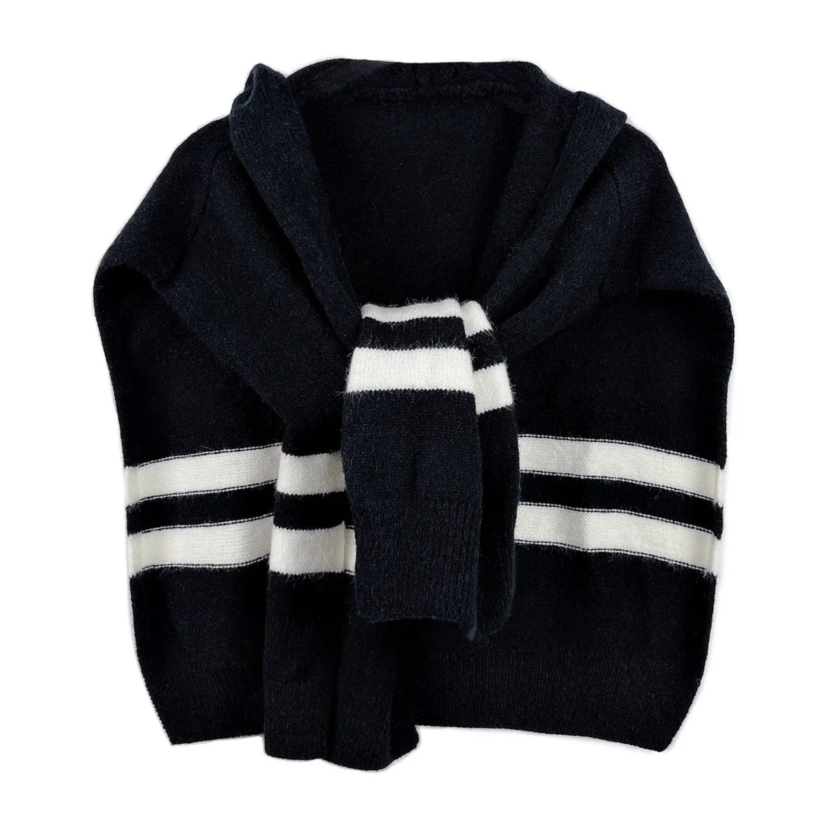 Hooded Sweater Scarf, Striped Knit Hoodie Wrap, Gray – image 11