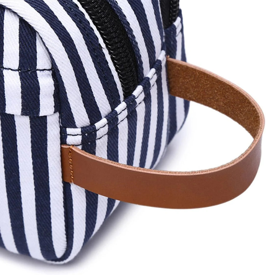 Canvas Makeup Bag – Blue Stripe Zippered Cosmetic Pouch – image 2