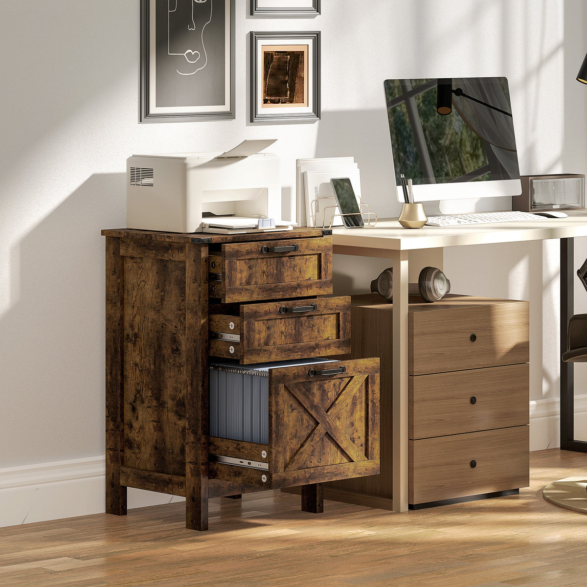 Rustic Farmhouse 3-Drawer Vertical File Cabinet, Barn Door Style – image 2